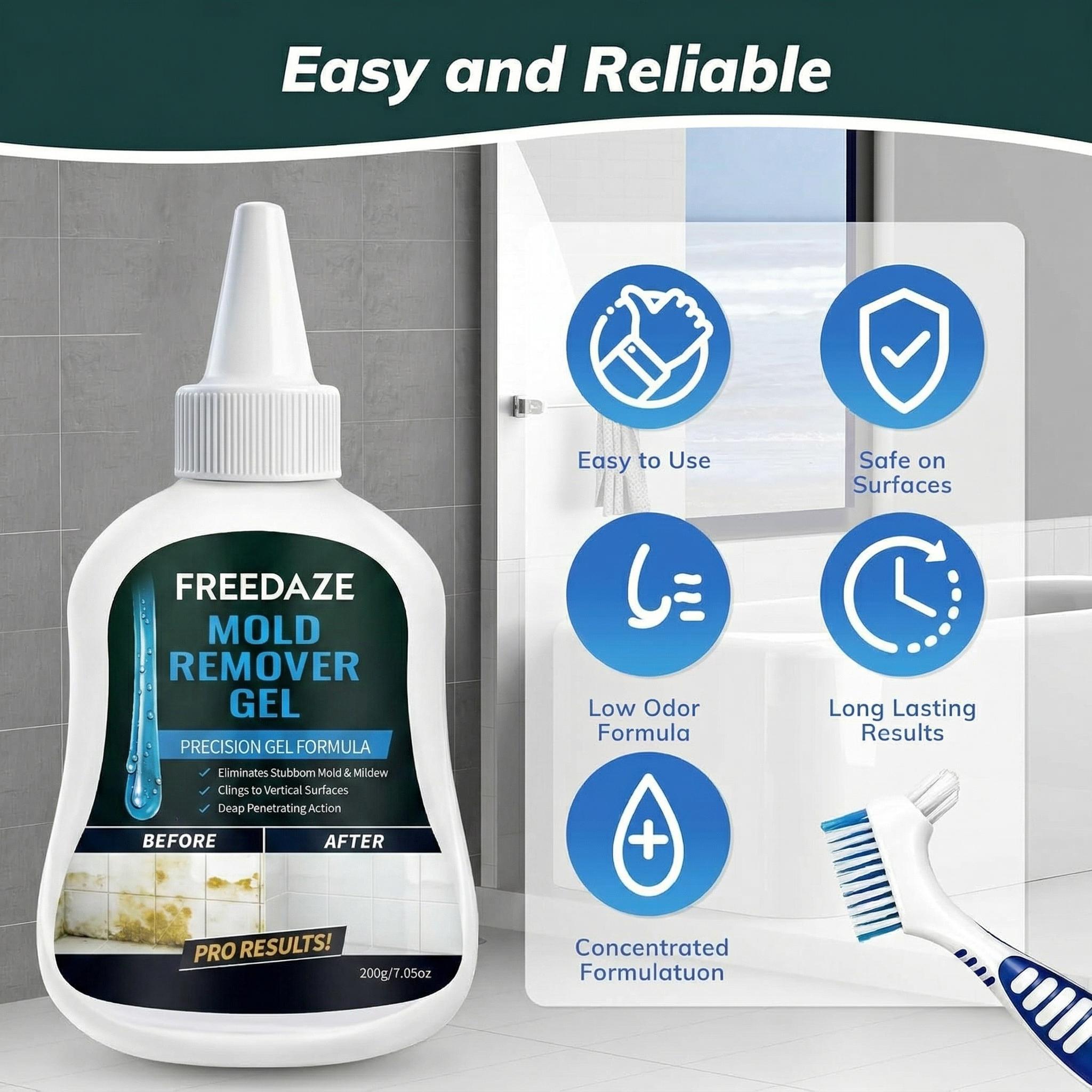 FREEDAZE Mold Stain Cleaning Gel with Brush, Precision Nozzle for Tile Grout, Bathroom Seals, Sink Edges & Front Load Washer Seals-7 Fl Oz