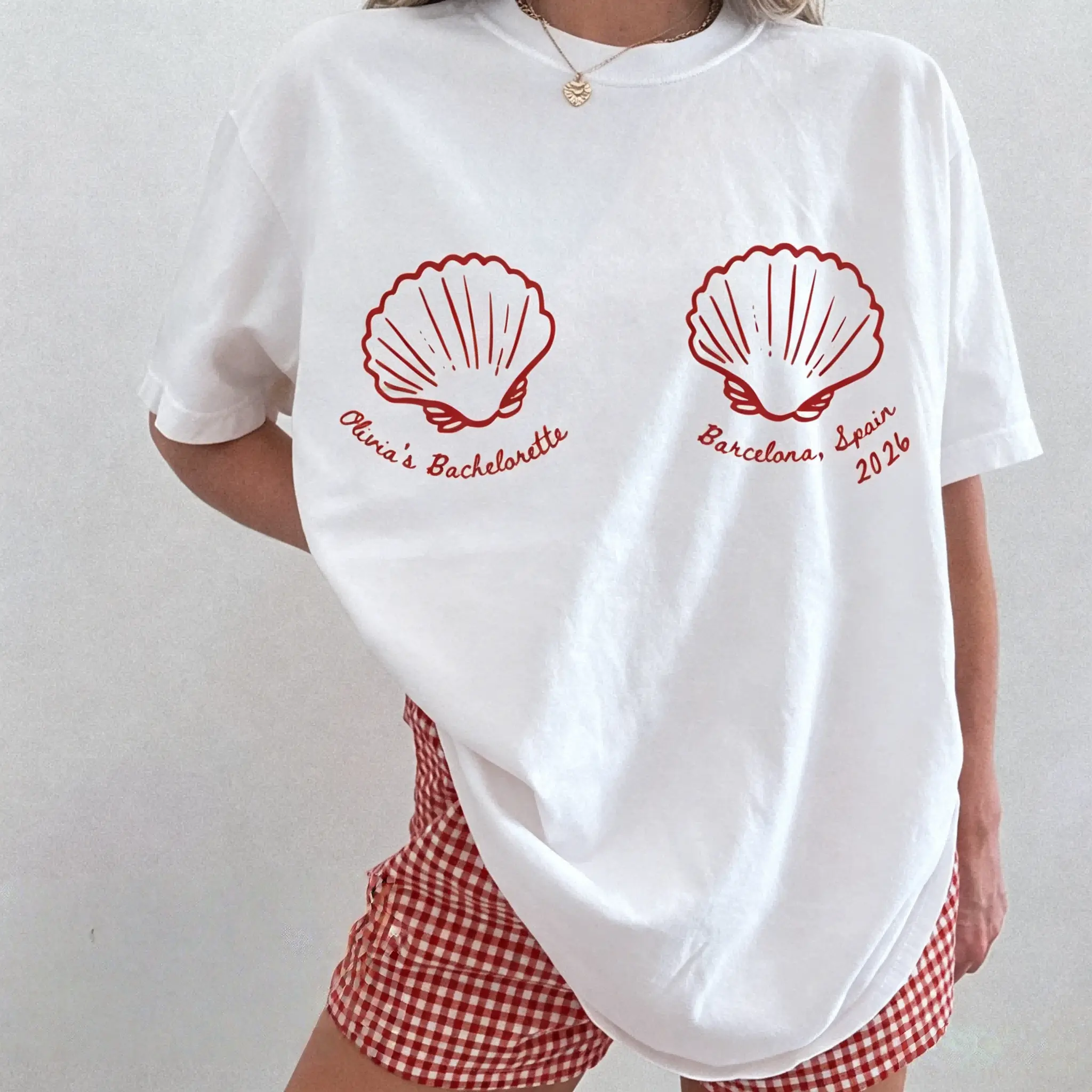 Barcelona Bachelorette Seashell Graphic Tee Retro Loose Fit Cotton Daily Short Sleeve Top