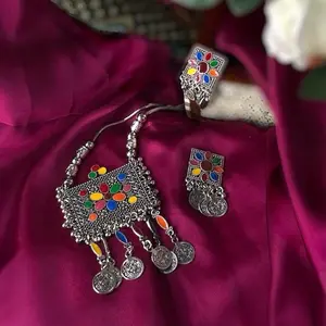 Afghan Kuchi Jewelry with Colorful Stone Inlays - Elegant Silver-Toned Necklace & Earrings Set for Bohemian Fashion