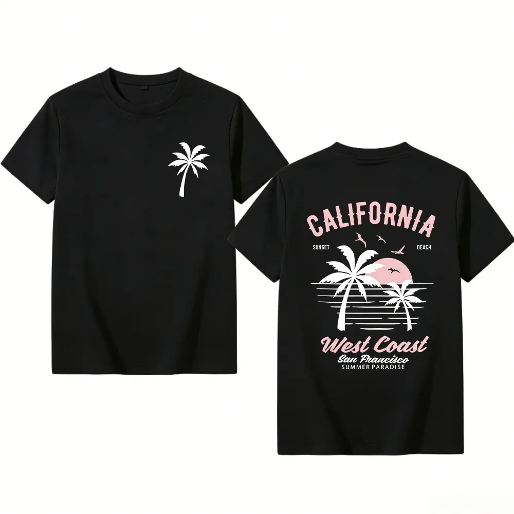 Washed Cotton California Graphic Tee – 250g Soft Vintage Surf Beach Tee with Palm Trees & Retro Print, Loose Fit Summer Casual Shirt for Men Women, Unisex Machine Washable