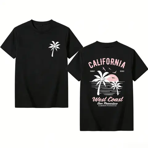 Washed Cotton California Graphic Tee – 250g Soft Vintage Surf Beach Tee with Palm Trees & Retro Print, Loose Fit Summer Casual Shirt for Men Women, Unisex Machine Washable
