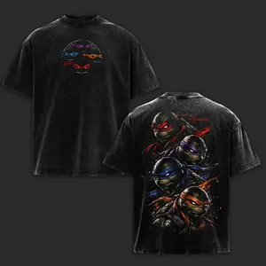 Vintage Ninja Turtles Squad Washed T-Shirt, TMNT Brothers Heavyweight Cotton T-Shirts, Martial Arts Turtle Double Printed Heavyweight Graphic Shirt, Menswear Gift for Movie Fans Top Apparel, Classic Oversized Seamless Simple Straight Man Designer Shirts