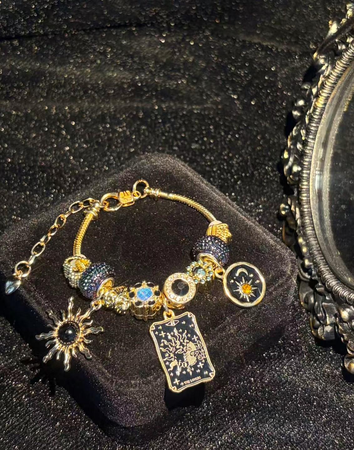 Women's Mystical Tarot Charm Bracelet - Gold-Tone Chain, Black Sparkly Rhinestone Beads, The Lovers Sun Moon Star Charms, Stackable Adjustable Costume Jewelry Gift Women's Mystical Tarot Charm Bracelet - Gold-Tone Chain, Black Sparkly Rhinestone Beads, The Lovers Sun Moon Star Charms, Stackable Adjustable Costume Jewelry Gift