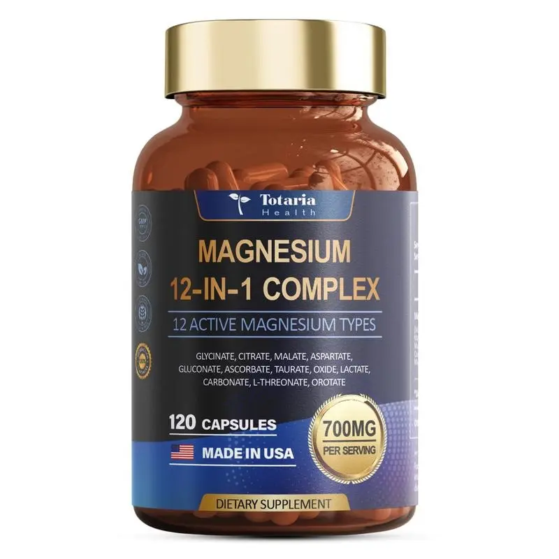 12-in-1 Magnesium Complex 700mg Vegan Capsules - Prop 65 Safe Vegan Blend with Glycinate, Citrate, Malate, Oxide, Taurate, Aspartate, Orotate for Muscle Relax & Heart Support