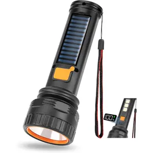Solar Flashlights, 1500 Lumens Led Solar Powered Flashlights with Digital Display 2000mAh Battery Rechargeable Handheld Flashlights IP65 Waterproof Flashlights for Survival Emergencies, 1 Pack