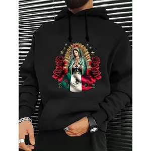 Virgin Mary Mexican Flag Print Hoodie Sweatshirt Black Soft Breathable Fabric Comfortable Religious Streetwear Gym Outfit Summer Fall Menswear Long Sleeve Crewneck Clothes