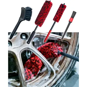 Professional 4 Pack Long Handle Wheel Brush Kit for Cleaning Wheel and Tire, 2X Soft Wheel Cleaning Brush, Detailing Brush and Stiff Tire Brush, Bendable& Durable Wheel Rim Cleaner Brush Set