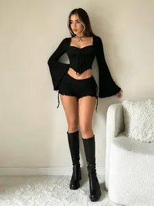 Viral TikTok Y2K Black Lace Trim Two-Piece Set - Square Neck Flare Sleeve Corset Crop Top + Ruched Tie Side Shorts, Sexy Going Out Outfit, Nightclub Party Co-ord, 2026 Trendy Women Matching Set, Long Sleeve