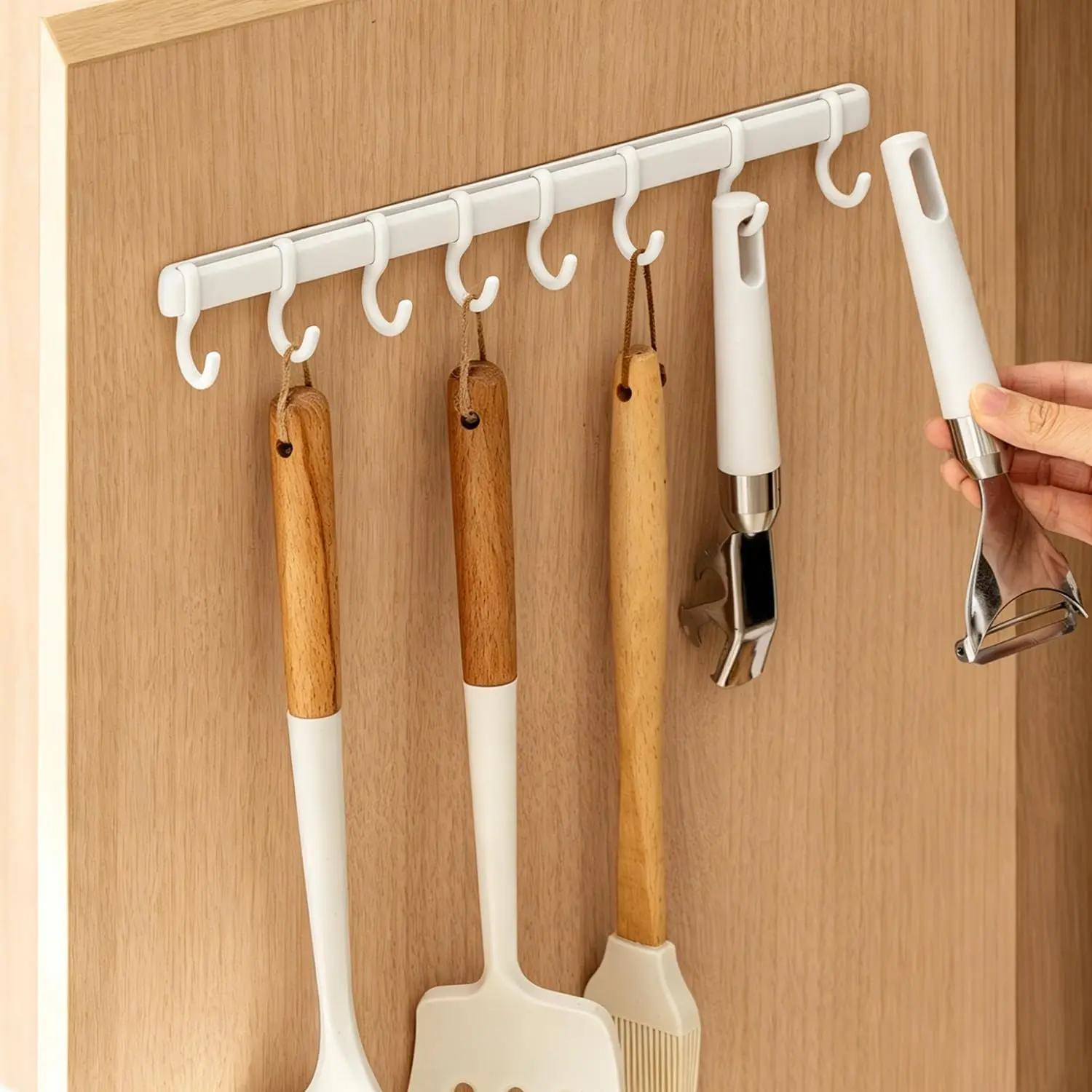 8-Hook Adjustable Cabinet Door Organizer, Self-Adhesive Kitchen Utensil Hanger for Spatulas, Towels & Cleaning Tools, No-Drill Pantry & Bathroom Storage