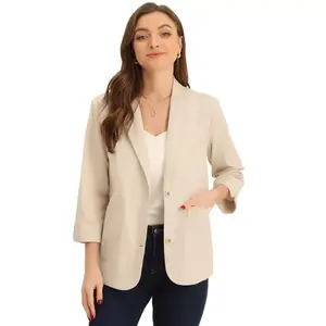 Allegra K Women's Linen Notched Lapel Collar 3/4 Sleeve Causal Jacket Blazer Beige X-Small
