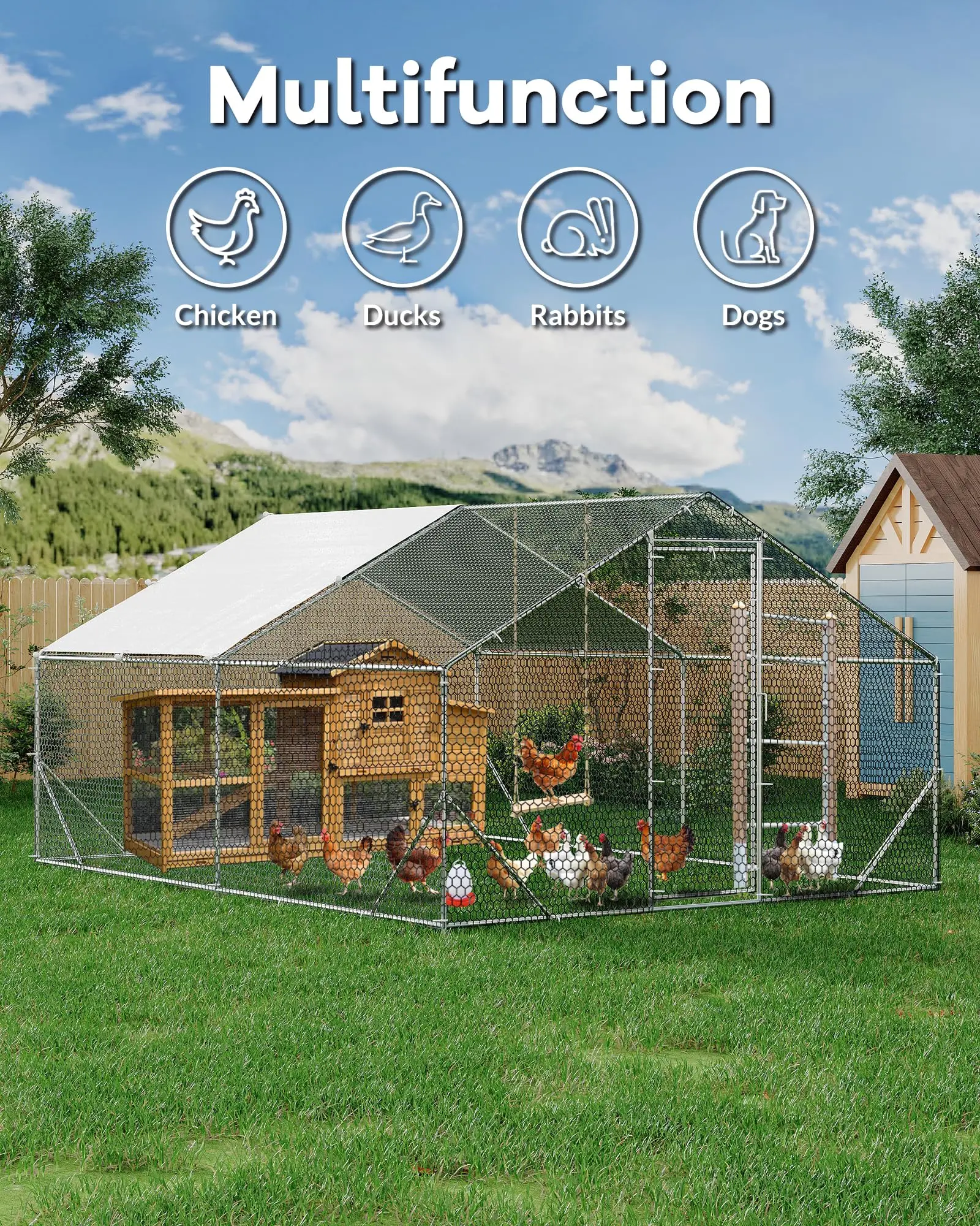Garvee 9.8'X6.5'X6.5' Large Metal Walk-in Chicken Coop, Spire Roof Poultry Cage with Waterproof Anti-UV Cover & Lockable Doors, Outdoor Yard Enclosure for Hens, Ducks & Rabbits