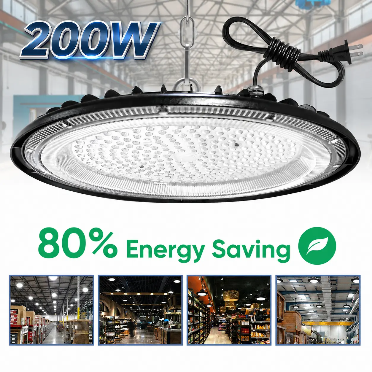 200W UFO High Bay Lights 30,000 Lumens, with US Plug and Suspension Chain LED Commercial Lighting Fixtures for Warehouses, Garages, Factories, Barns Commercial High Bay LED Lighting - Safe, Efficient, and Energy-Saving,SummerWins, DealsForYouDays