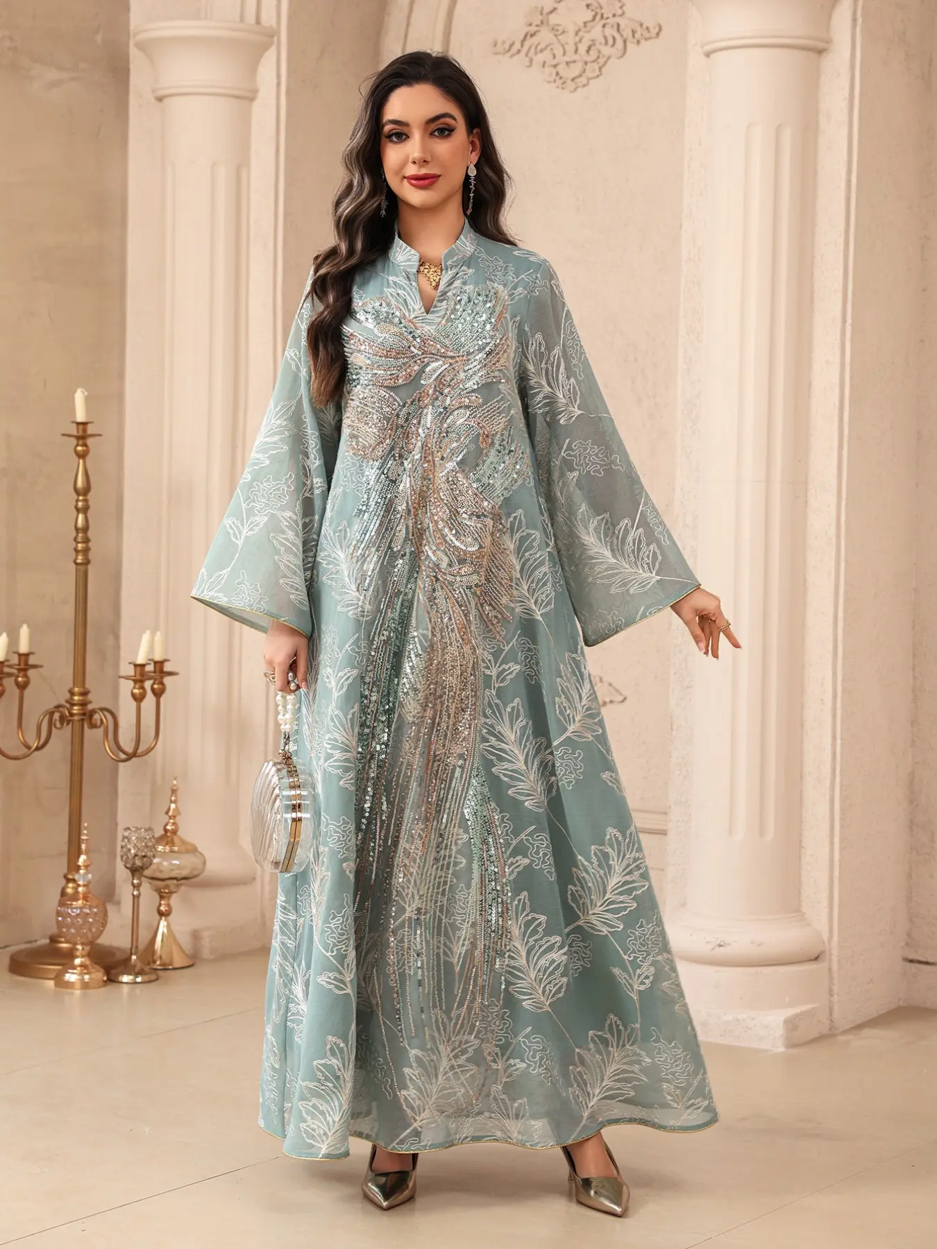 Mint Mesh Embroidered Abaya, Gold Gradient Sequins, Loose Fit, Muslim Dubai Style, Elegant Dress, All Seasons, Ethnic Pattern, Long Sleeve Abaya, Elegant Islamic Clothing, Modesty Wear