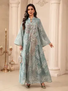 Mint Mesh Embroidered Abaya, Gold Gradient Sequins, Loose Fit, Muslim Dubai Style, Elegant Dress, All Seasons, Ethnic Pattern