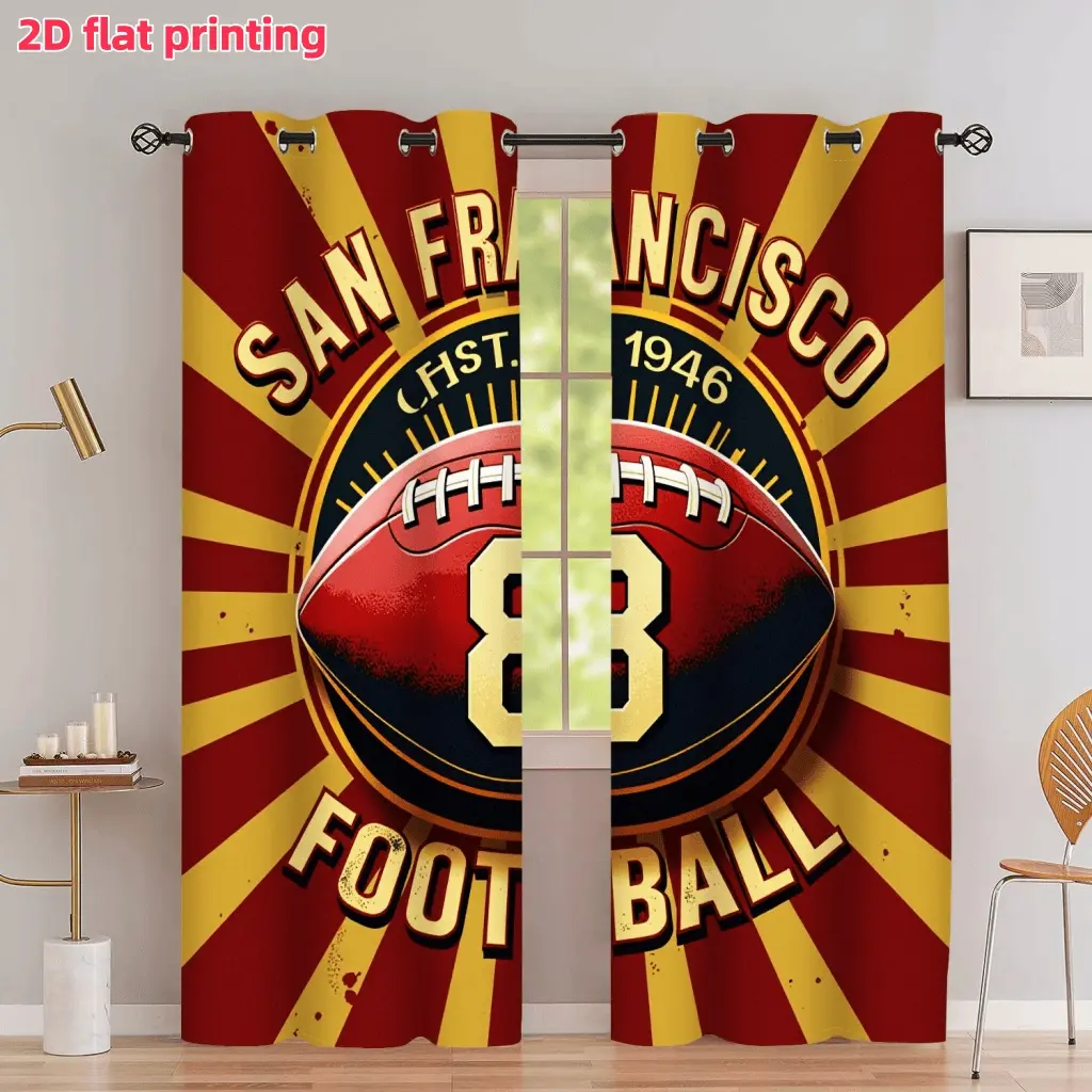 2D Flat 2Pcs San Francisco Football Theme Curtains, Retro Sunburst Sports Style Window Drapes, Team Spirit Number 8 Print, Grommet Top Semi Sunshade Panels for Home Decor, Home Decoration Curtain, Home Decorative Curtain