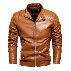 Men's beige PU leather motorcycle jacket loose fit - quilted shoulder, zipper closure, street & casual style personalized jacket