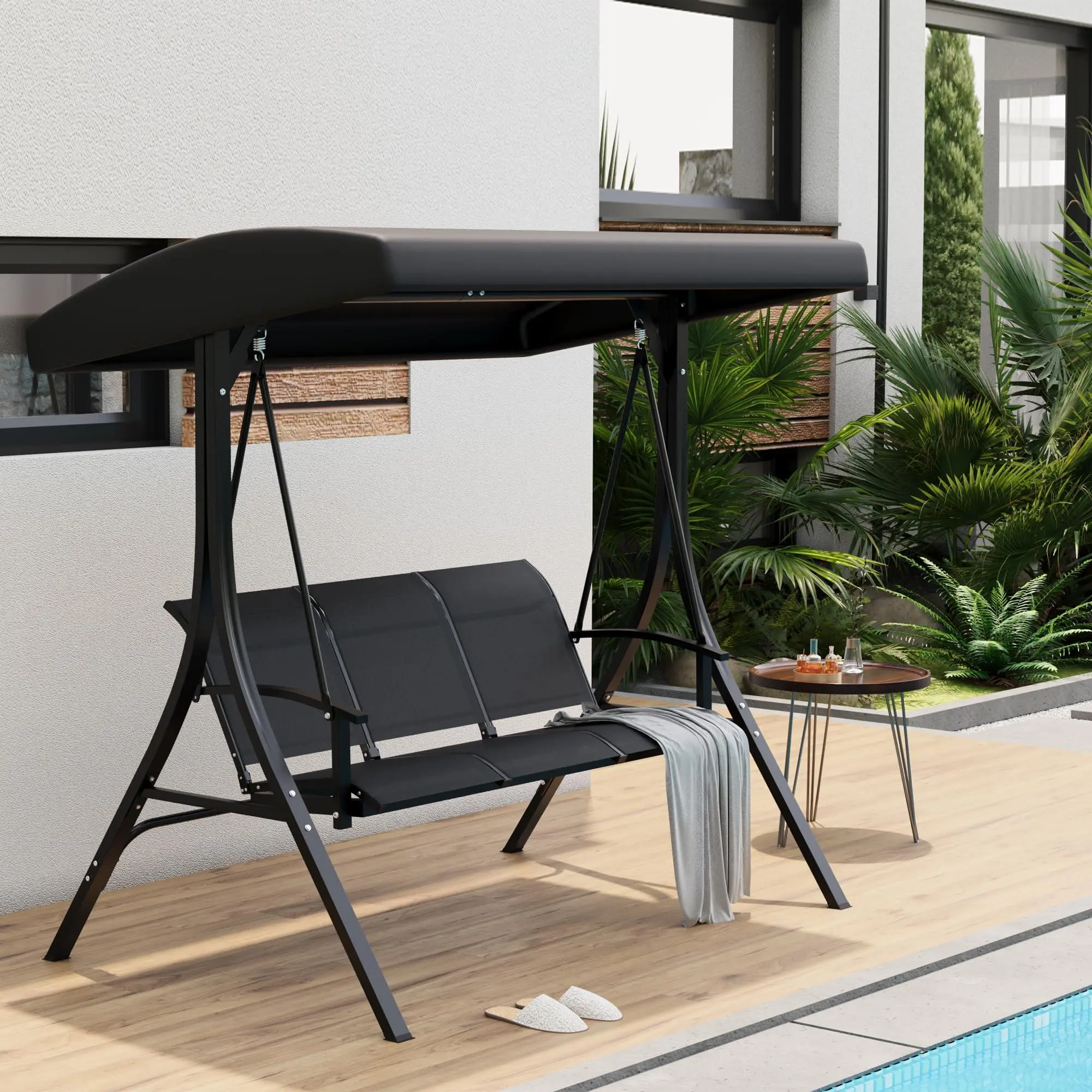 GARVEE 3-Seat Outdoor Porch Swing Chair, Patio Hanging Swing with Adjustable Canopy and Armrests, Breathable Textilene Fabric Seat & Backrest, Black