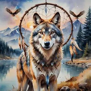 5D DIY Full Drill Round Diamond Painting - Diamond Art Painting Kit Wolf, Dreamcatcher, Mountain View Mosaic, Canvas - DIY Decorative Painting, Home Wall Decor, Suitable for Halloween and Christmas, Birthday and Anniversary Gifts