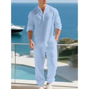 Men's casual long sleeved Guba Henry shirt and loose pants set, beach vacation, comfortable and breathable linen fabric, fashionable for spring and summerRAIMENTRY