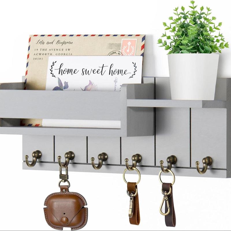 Wooden Wall Mounted Key Organizer - 6 Hooks with Small Shelf | Mail Sorter & Entryway Storage | Living Room/Entrance Decor | Home Organizing Essential | Wall Mountable