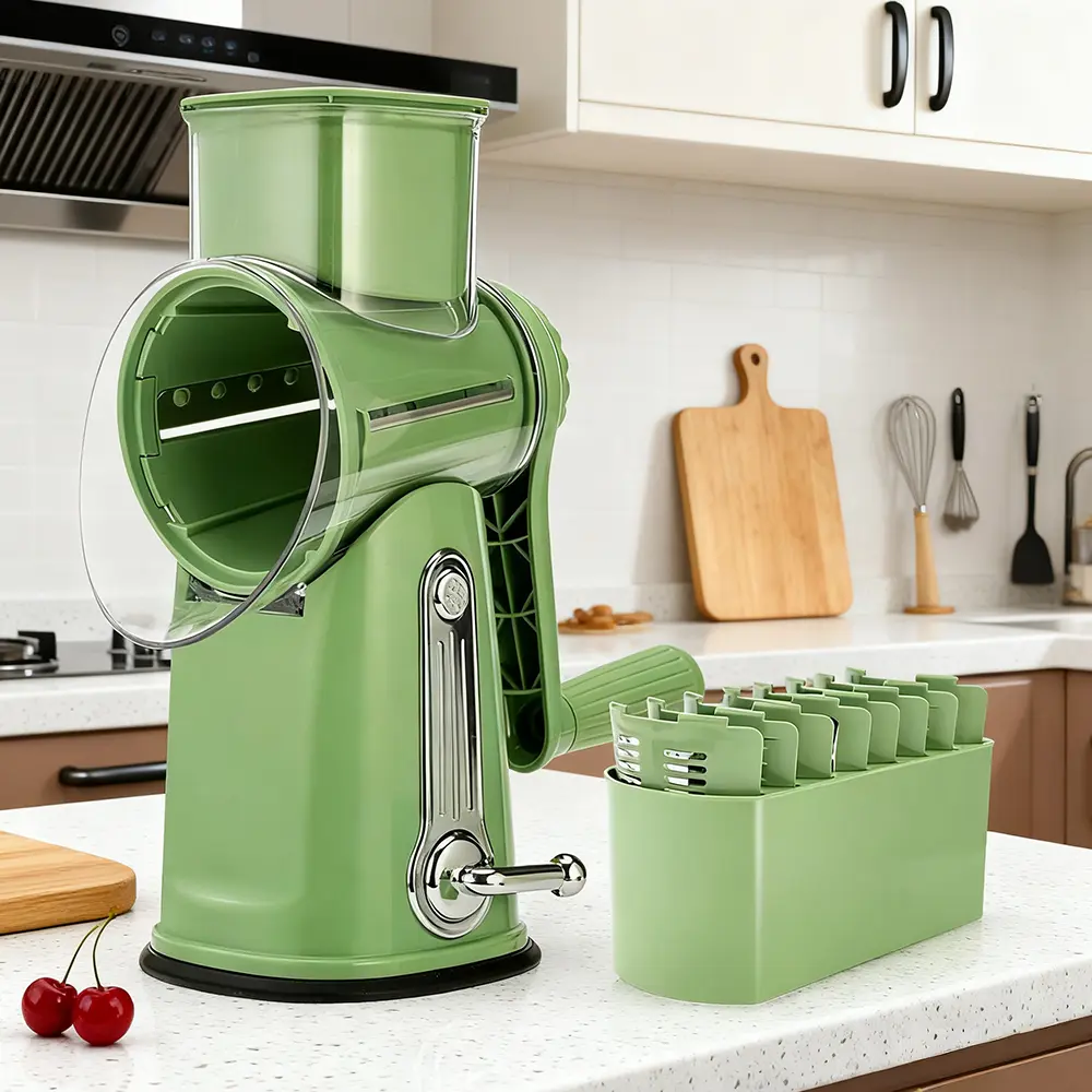 SUSTEAS Compact Stainless Steel Rotary Slicer Dicer Cutter - 5 Blades, Hands-Free Design, Strong Suction Base, Blade Storage Container, Green Grater, Angled Chute, BPA-Free Food-Grade Materials, Faster Chop, Custom Packaging, Perfect Gift Kitchen Utensil