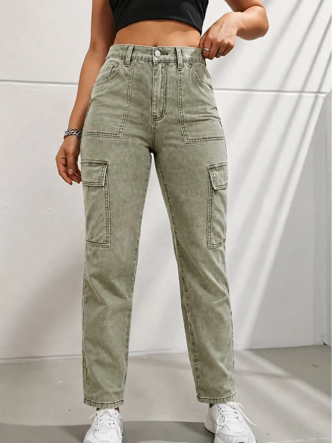 Women's Retro Mineral Acid-Washed Sage Green High-Waist Denim Cargo Pants - Contrast Stitch, Multi-Flap Side Pockets, Relaxed Straight Leg, Y2K Vintage Grunge Streetwear, Casual Utility Womenswear Jeans