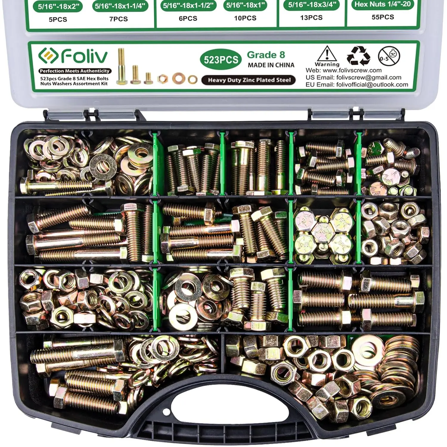 FOLIV 523PCS Grade 8 Bolts and Nuts Assortment Kit, Heavy Duty Nut and Bolt Assortment, 1/4-20 5/16-18 3/8-16 SAE Hex Bolts, Length from 1/2" to 1-1/2" hardware screwdriver