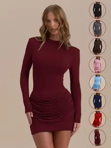 Bodycon Short Dress with Waist Ruching, Mock Neck Long Sleeve Slim-Fit Formal Elegant Dress for Office Commute Party Christmas