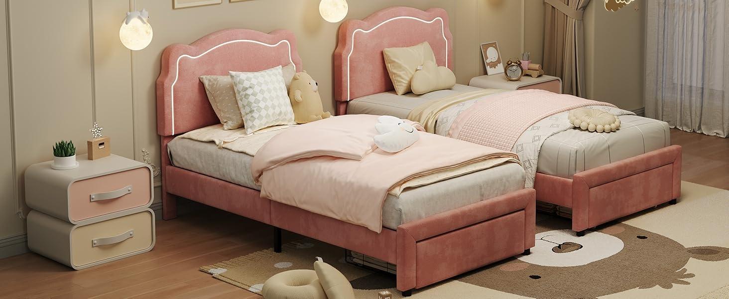Twin Upholstered Smart LED Bed Frame With Adjustable Headboard, Velvet Princess Platform Bed Frame , Wooden Slats Support, No Box Spring Needed, Easy Assembly,Pink Twin Upholstered Smart LED Bed Frame With Adjustable Headboard, Velvet Princess Platform Bed Frame , Wooden Slats Support, No Box Spring Needed, Easy Assembly,Pink