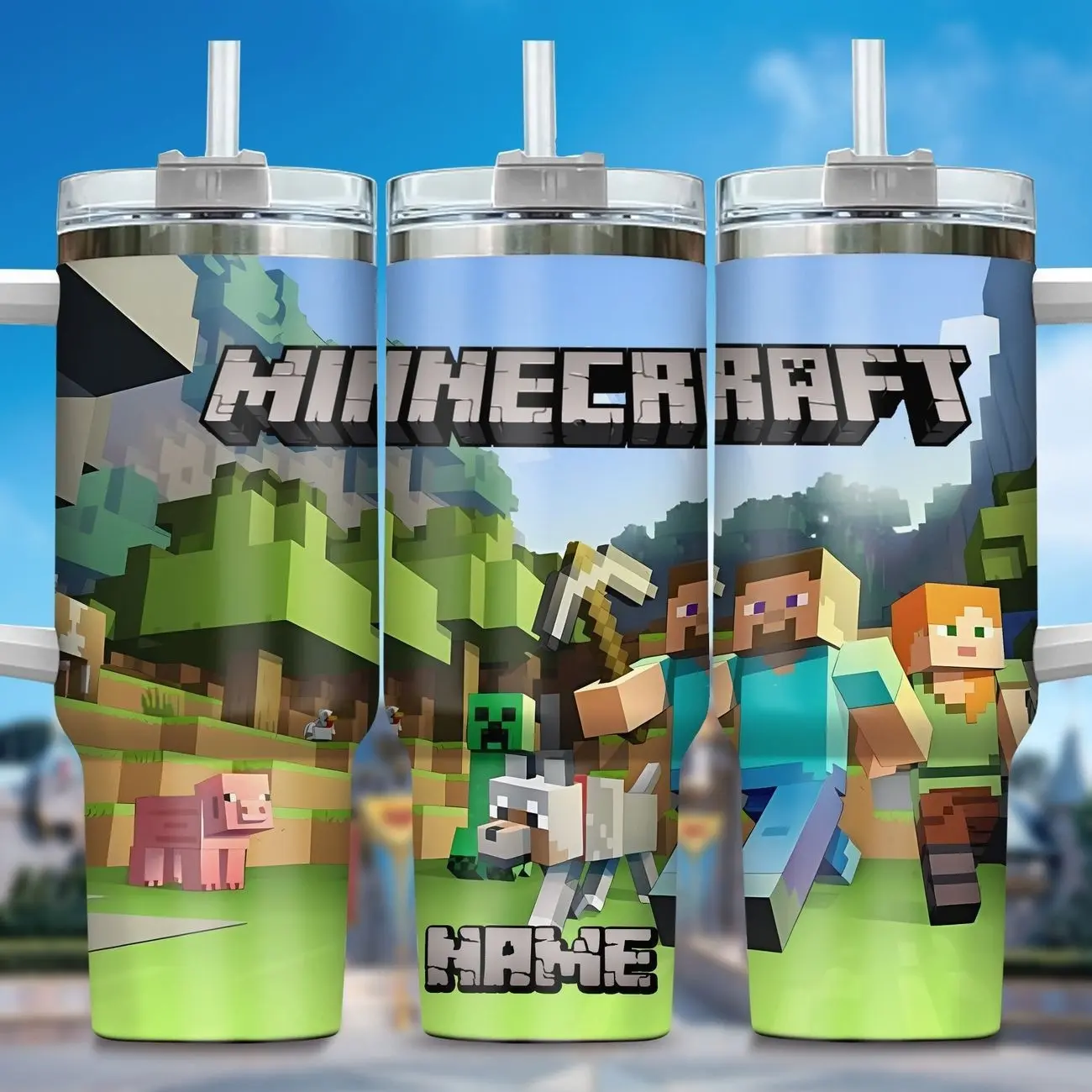 Custom Name Pixel Block Gamer 40oz Tumbler with Handle | Personalized Mining Craft World Travel Mug | Pixelated Game Fan Gift