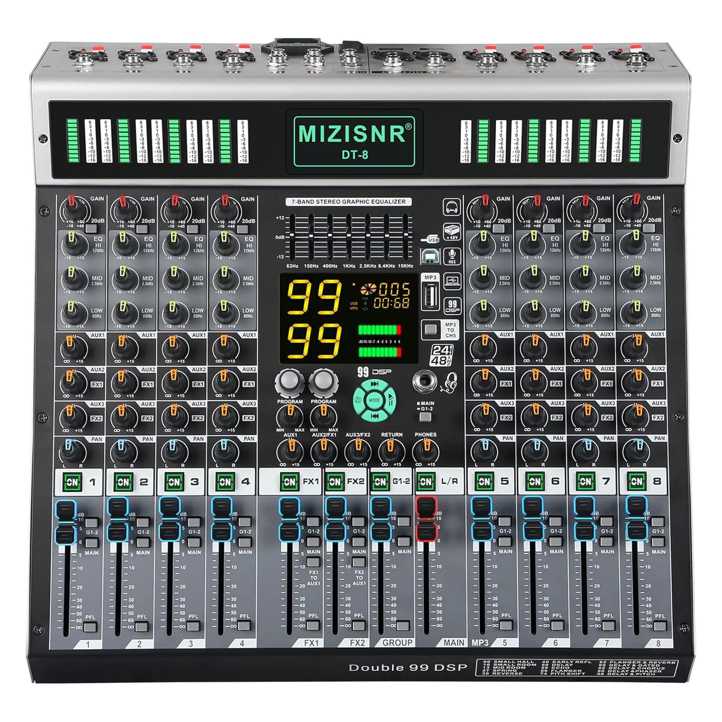 8-Channel Audio Mixer with 99DSP Effects, 7-Band EQ, Bluetooth, USB, 48V Phantom Power, Podcast Equipment Kit for Studio, Live Stream