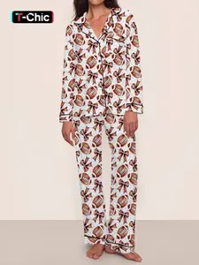 Coquette Football Fall Winter Pajama Set, Bowknot Design, Butterfly Print, Long Sleeve & Pants, Elastic Waistband, Comfortable Party Sleepwear, Loungewear