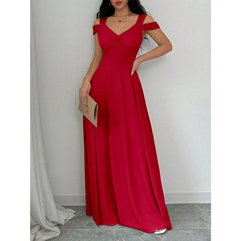 SHEIN Raffinéa V-Neck Cinched Waist Vintage French Style Women Dress For New Year Clothes Maxi Women Outfit