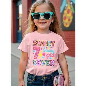 7th Birthday Princess Tee - "Sweet 7 Sassy and Seven" Cartoon Print, Short Sleeve White T-Shirt for Little Ones, Casual Summer Top with Colorful Balloons Design, Casual Summer Wear | Playful Print Top | Comfortable Fit, Birthday Party Clothing