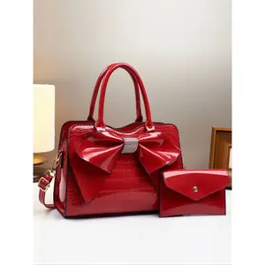 New Elegant Crocodile Pattern Bow Large Capacity PU Leather Shoulder Bag, Travel Shopping Mall Handbag, Versatile Casual Luxury Embellished Shoulder Bag