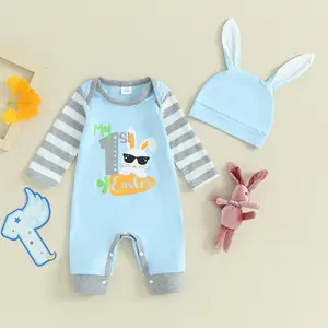 Imcute Infant Baby Girls Boys Rompers Easter Clothes Letter Rabbit Carrot Print Stripe Long Sleeve Jumpsuits Toddler Bodysuits with Hat