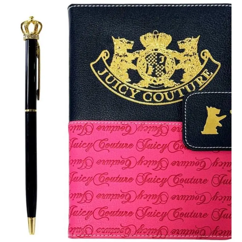 Juicy Couture Faux Leather Terrier Notebook Set with 1 Smooth Writing Retractable Crown Detail Gel Pen, Office Stationery Supplies, Writing Stationery