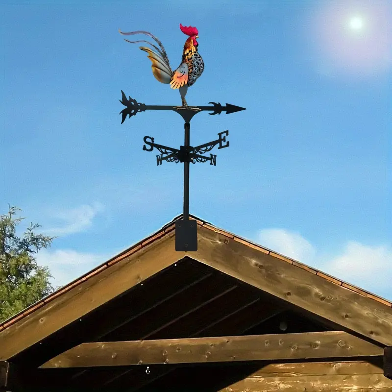 New Metal Wind Vane Weather Vane Garden Ornament, Outdoor Rotating Iron Art Rooster Decoration for Villa Terrace Roof Top Decor, Exterior Decorative Statues