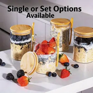 Glass Food Storage Containers with Lids and Spoons, Overnight Oat Jar, Chia Pudding Salad Jar, Grain Coffee Container, Set of 1/2/4 Pieces