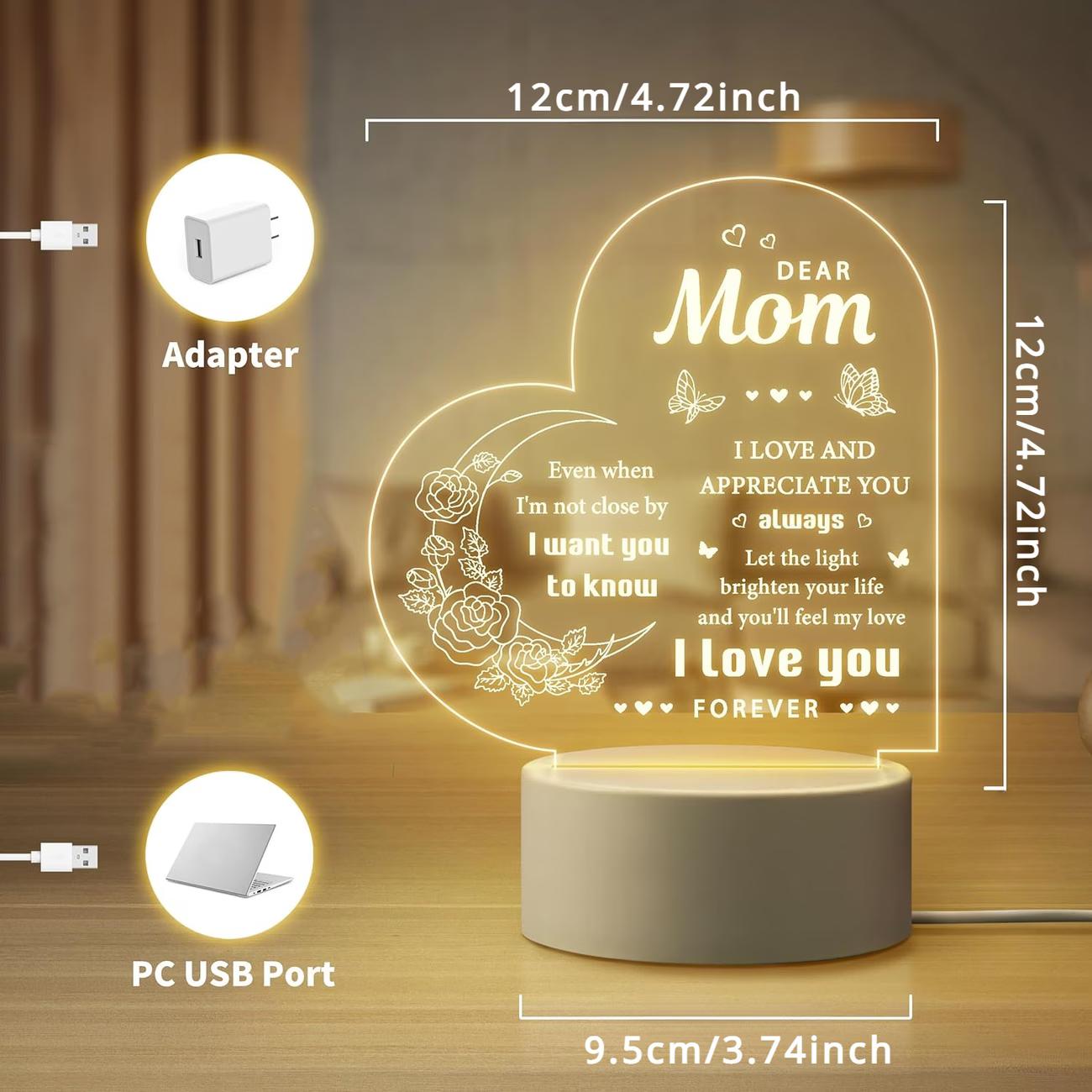 Dear Mom Night Light, 2D Acrylic Heart Shaped Rose Butterfly Lamp, Personalized Gift for Mom, Warm White LED Desk Lamp, Mother's Day Birthday Christmas Thanksgiving Gift for Mom, USB Powered Night Light