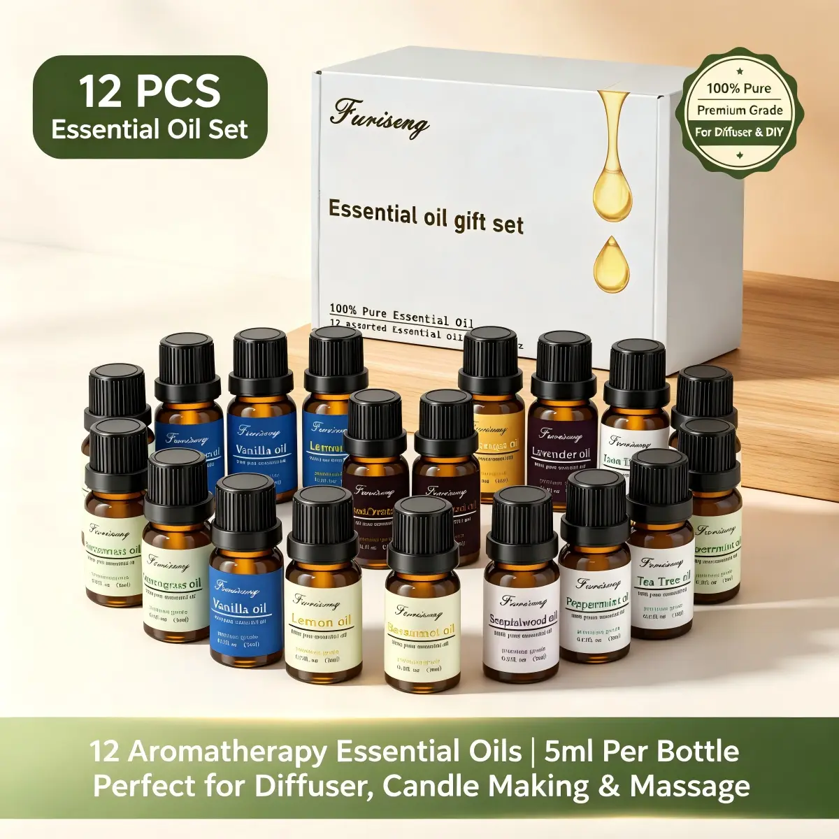 12pcs Natural Plant Essential Oils Glass Bottle Gift Set - Birthday Holiday Present, Vanilla Scents for Diffuser, DIY Craft, Scent Layering, Plants-Infused Samples, Stress Relief