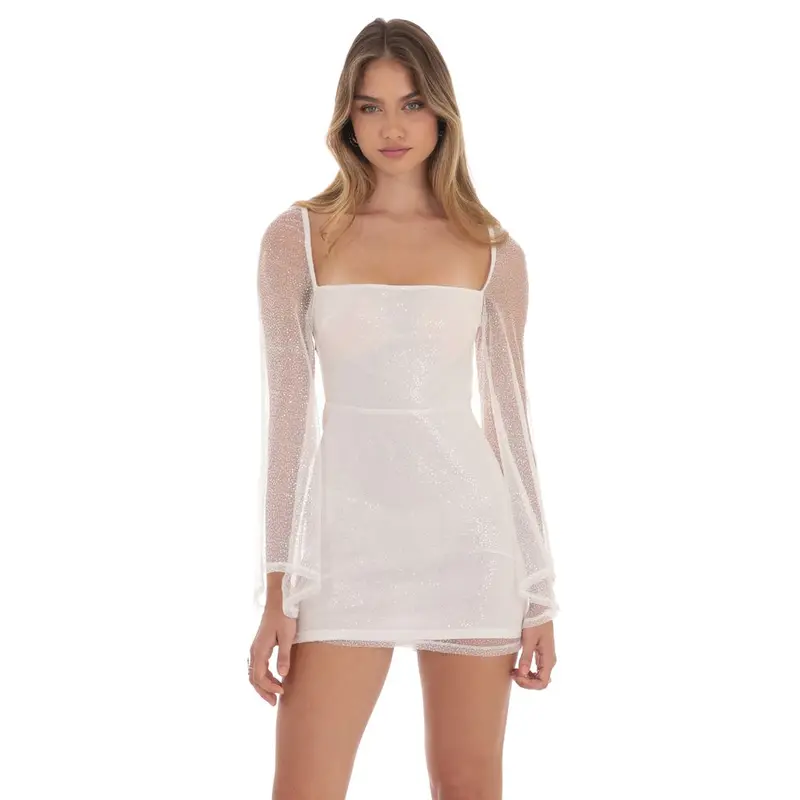 white glitter mesh dress GNFQXSS Sequin Mesh Mini Dress Layered Cami Sheer Flare Sleeve Sparkly  Cocktail Party Dress White L