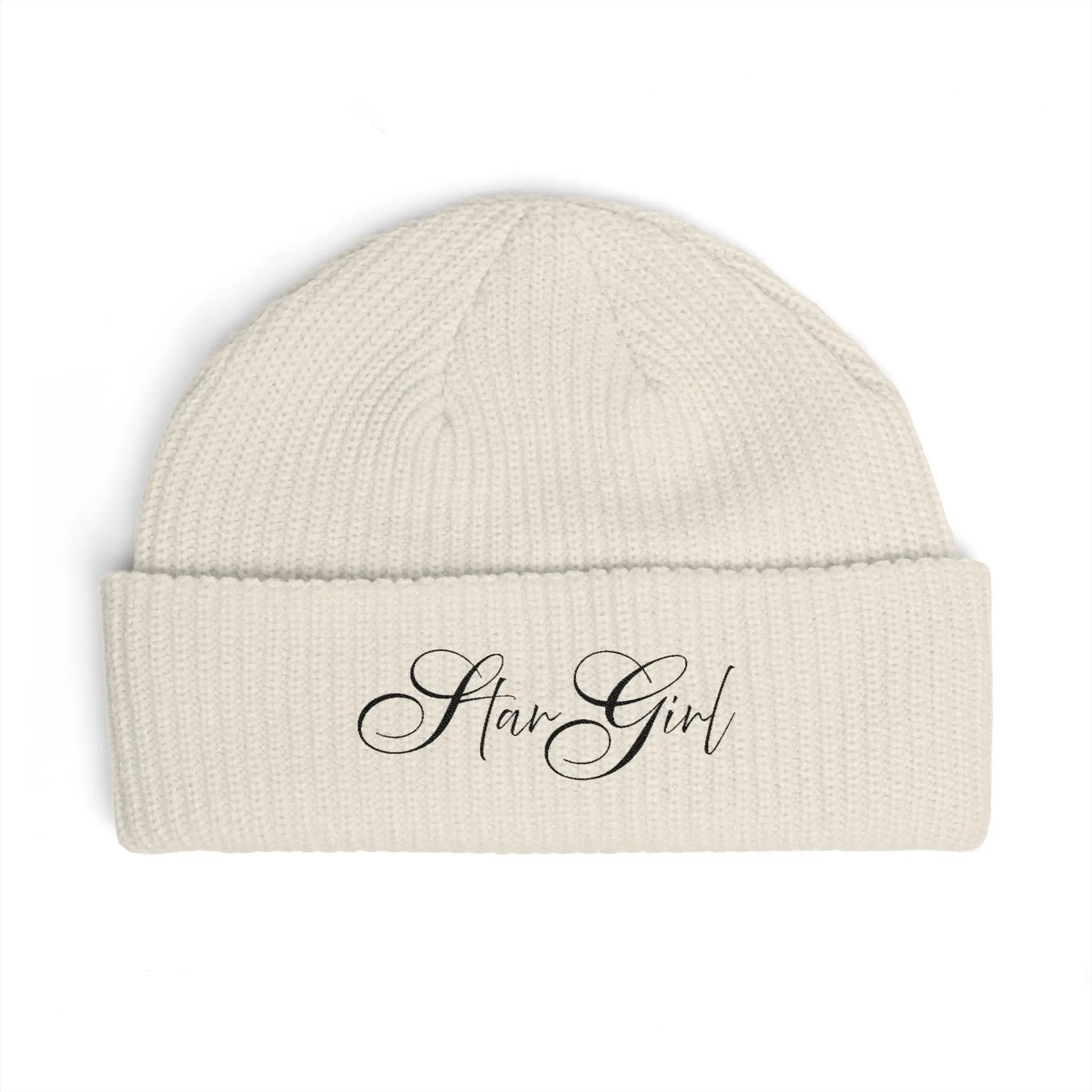 Cuff Beanie — 'Star Girl' Embroidered Knit Winter Hat