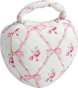 Makeup Bag Quilted Heart Shaped Makeup Bag Cosmetic Bag for Women with Handle, Floral Coquette Cotton Travel Makeup Case Toiletry Zipper Make Up Pouch,