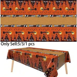 5/3/1 pcs-Halloween Pumpkin Tablecloth Set, Disposable Waterproof Plastic Tablecloths, Castle Witch Design, Party Decorations for Halloween and Birthday Parties