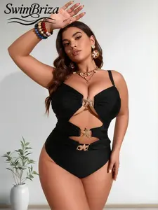 Briza｜Cutout Push Up Monokini In Solid Black, One Piece Swimsuit With Gold Starfish Buckles, Plus Size Swimsuits And Plus Size Swimwear, Vacation Swimwear For Women, Bathing Suit Fancy With Swimsuit Tummy Control For Confidence