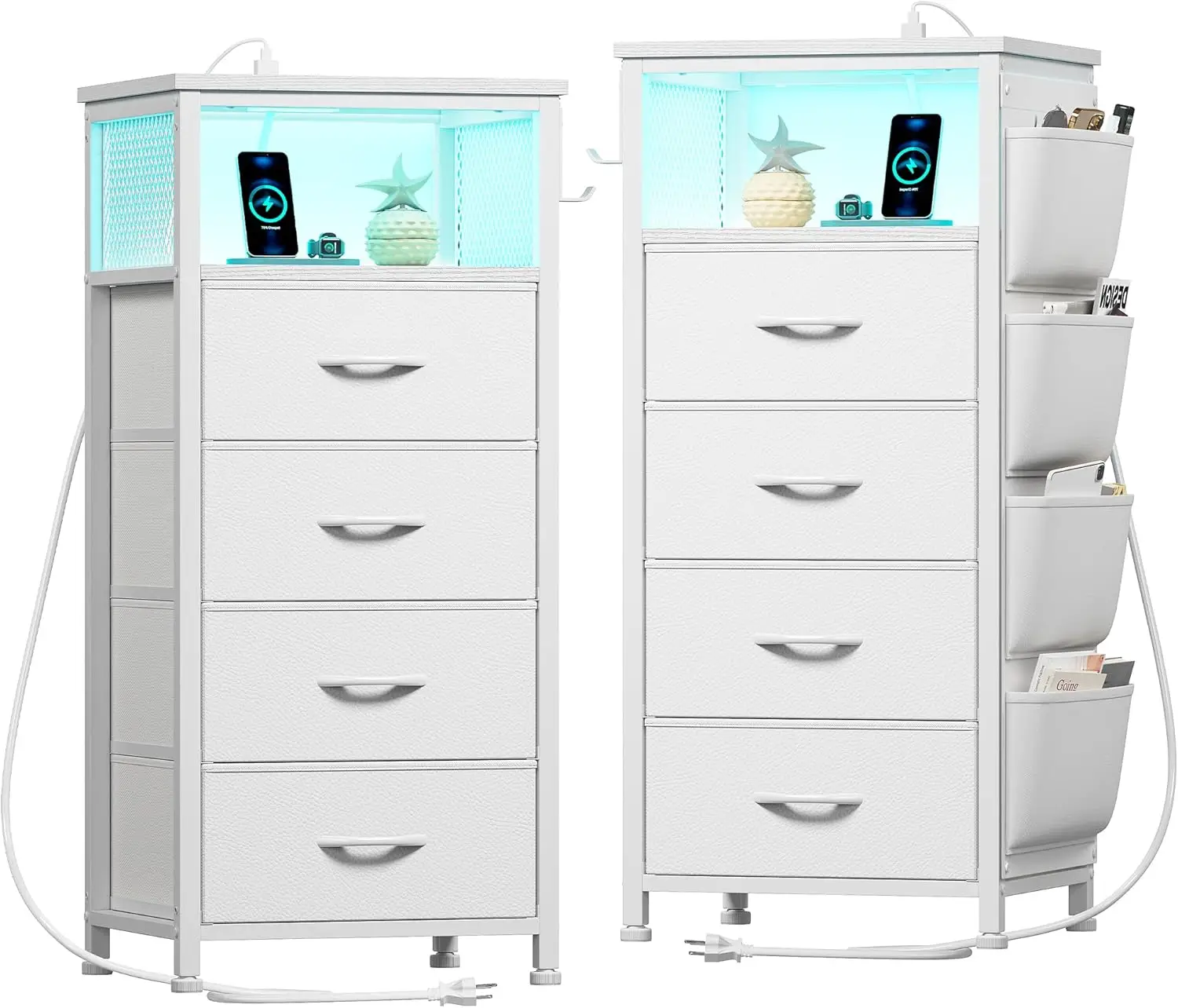 LED Nightstand with Charging Station Set of 2, Dresser for Bedroom with 4 Fabric Drawers, Storage Shelf Sturdy Metel Frame, Wood Top,Cloth Bags Hooks