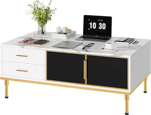 Coffee Table for Living Room, Faux Marble Coffee Table with 4 Drawers and Glass Doors Storage, Modern Aesthetic Fluted Panel Design