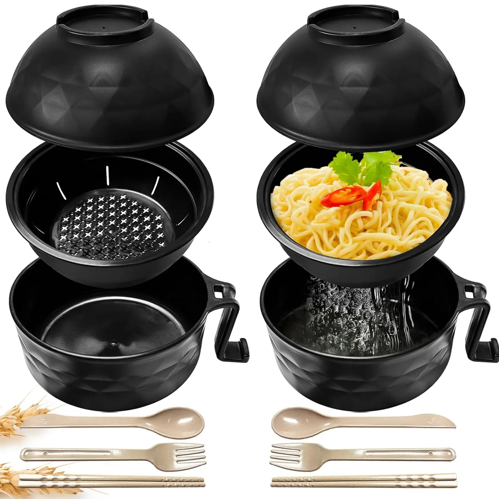 6-Piece Microwave-Safe Ramen Bowl Tableware Set with Handles, Spoon, Fork & Chopsticks, Multi-Purpose for Noodles & Soups, Practical Dinnerware for Dormitories & Households, Ideal Christmas Gift