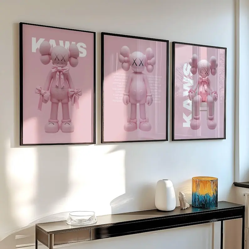 Hypebeast Poster,   Printable Wall Art, Gift for Girlfriend, Set of 3 Poster Decor,  Kawsss Poster Pink/Grey